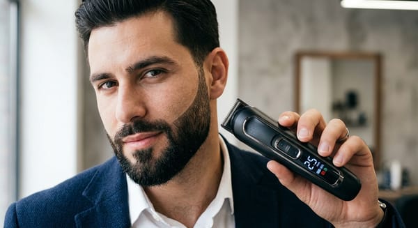 A premium electric beard trimmer on a marble counter, representing professional men's grooming tools.